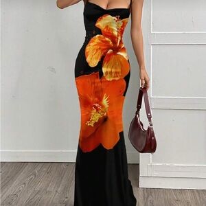 Vibrant Floral Strapless Dress in Black and Orange